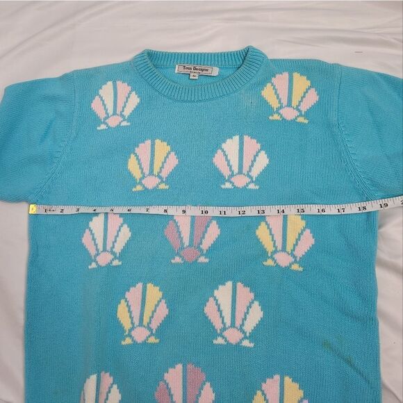 VINTAGE 90s sweater seashell‎ short sleeve crewneck blue S/M - Picture 7 of 8